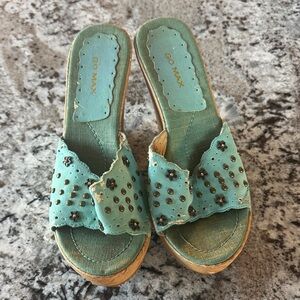 Gomax Aqua Floral Studded Wedge Mules